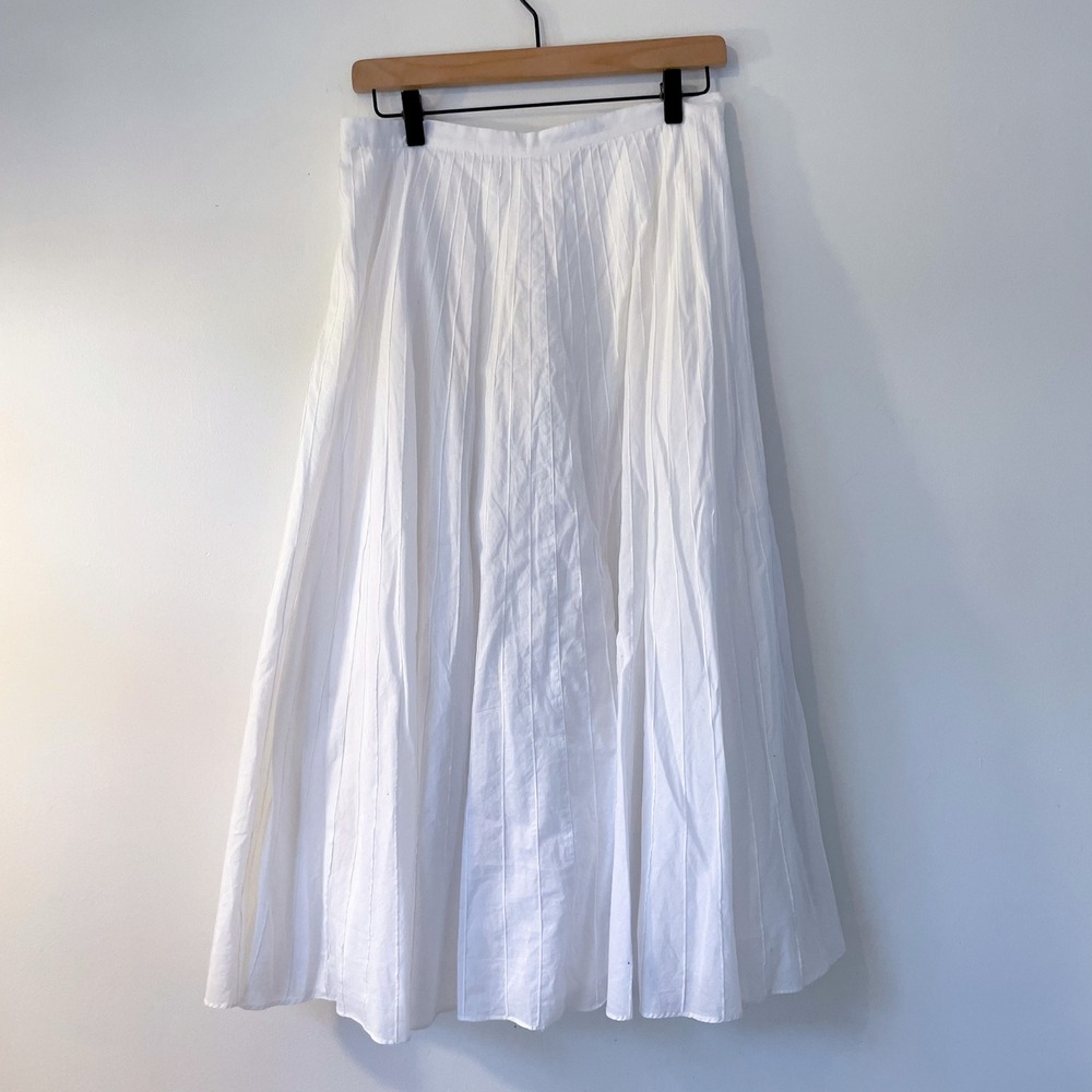 Lauren Ralph Lauren White Pleated Midi Skirt Pintuck A-Line Cotton Size 4